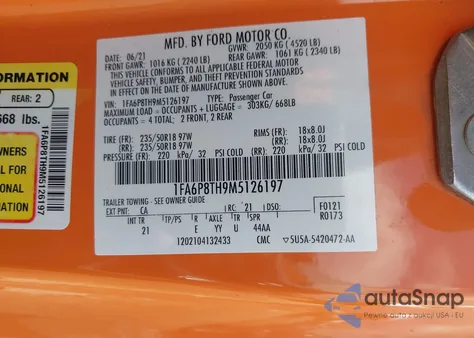 2021 Ford Mustang Ecoboost Fastback/Ecoboost Premium Fastback z USA, uszkodzony, nr VIN 1FA6P8TH9M5126197